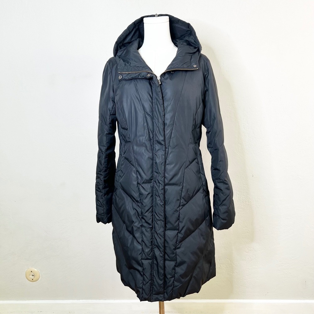 Eileen Fisher Puffer Coat Hooded Down Parka Womens Size S Black Quilted Long